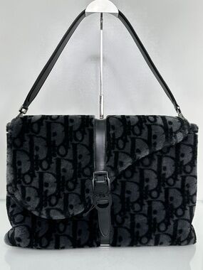 Dior Black & Dark Grey Oblique Shearling Saddle Briefcase Bag BHW Faux-Fur
